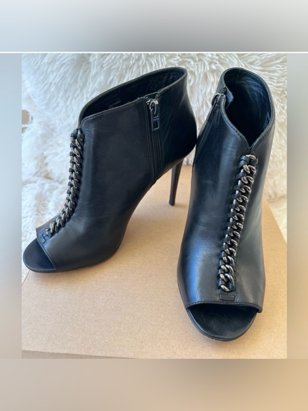 Coach Black Leather Open Toe Chain Ankle Booties Stiletto Heel Women’s Size 9.5